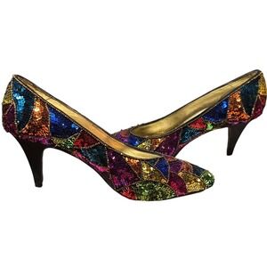 Vintage 1990s Caparros Multi-colored sequins Size 7.5B Heel Size 3.5"‎ Prom